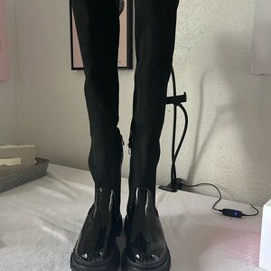 Black Ribbed Knee-High Boots
